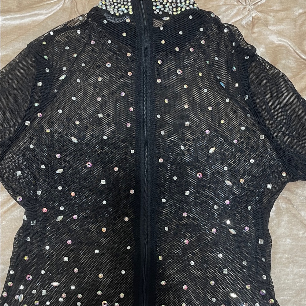 Black fishnet Rhinestone Embellished Long Sleeve Romper (watchale … Too HOTT!) - Picture 7 of 9
